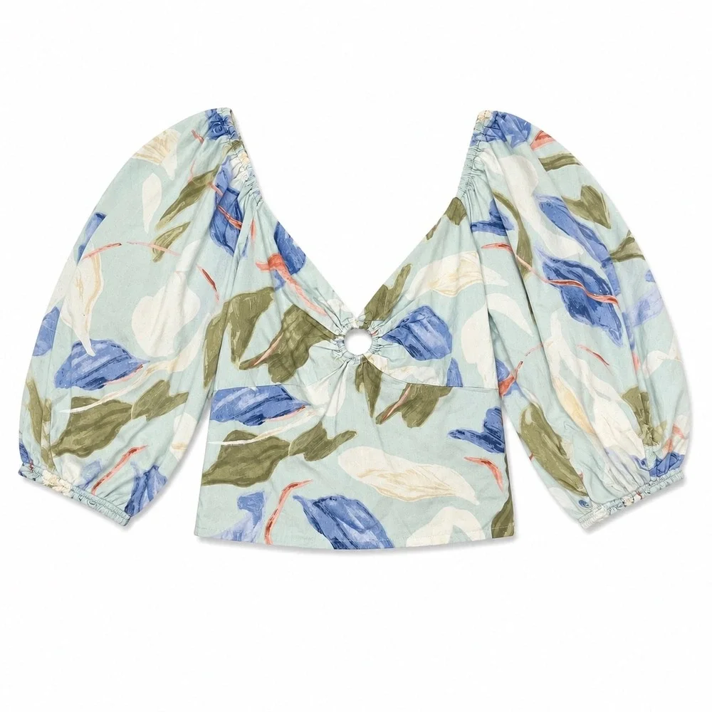 Abercrombie Floral Cottagecore Crop Top Medium Puff Sleeve Coquette Bow